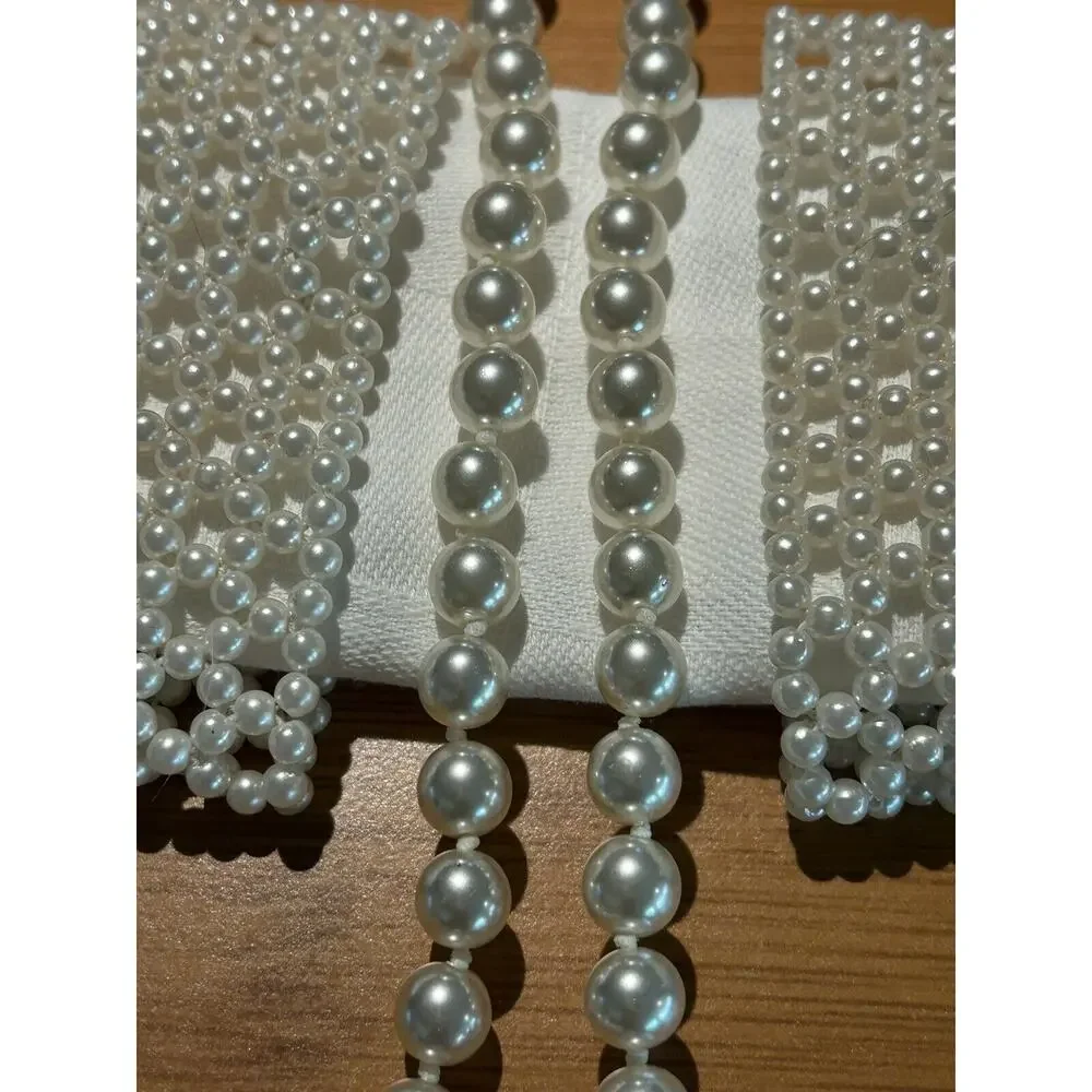 Vntg Lot‎ Faux 2 Pearl Lattice Stretch Bracelets Wide + Strand Knotted Necklace